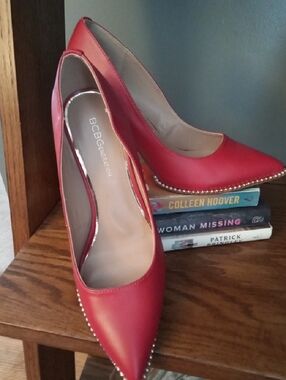 BCBGeneration Red Pointed-Toe Studded Trim Pumps